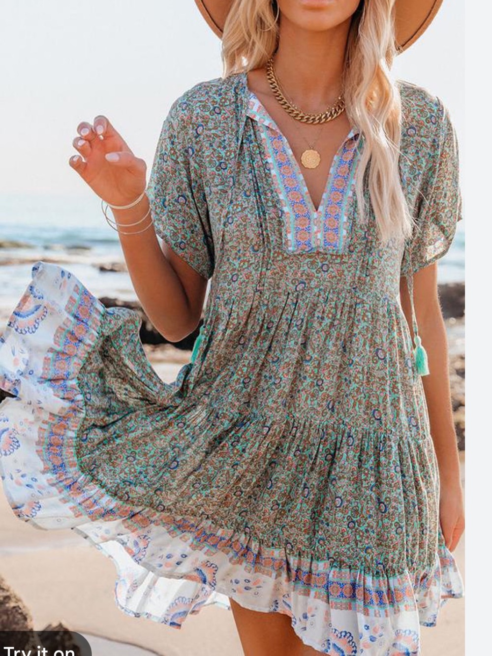 ❤️ Vici Boho Paisley Border Print Mini Peasant Mini Dress